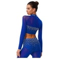 thumbnail image 4 of Sholeno Womens Glittery Rhinestone Dance Crop Tops Mesh Long Sleeve Pullover Cropped Shirt Dancewear Royal Blue M, 4 of 5