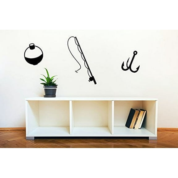 Fishing Pole, Hook and Bobber Fishing Wall Decal Art Vinyl Sticker (Set of 3), Black