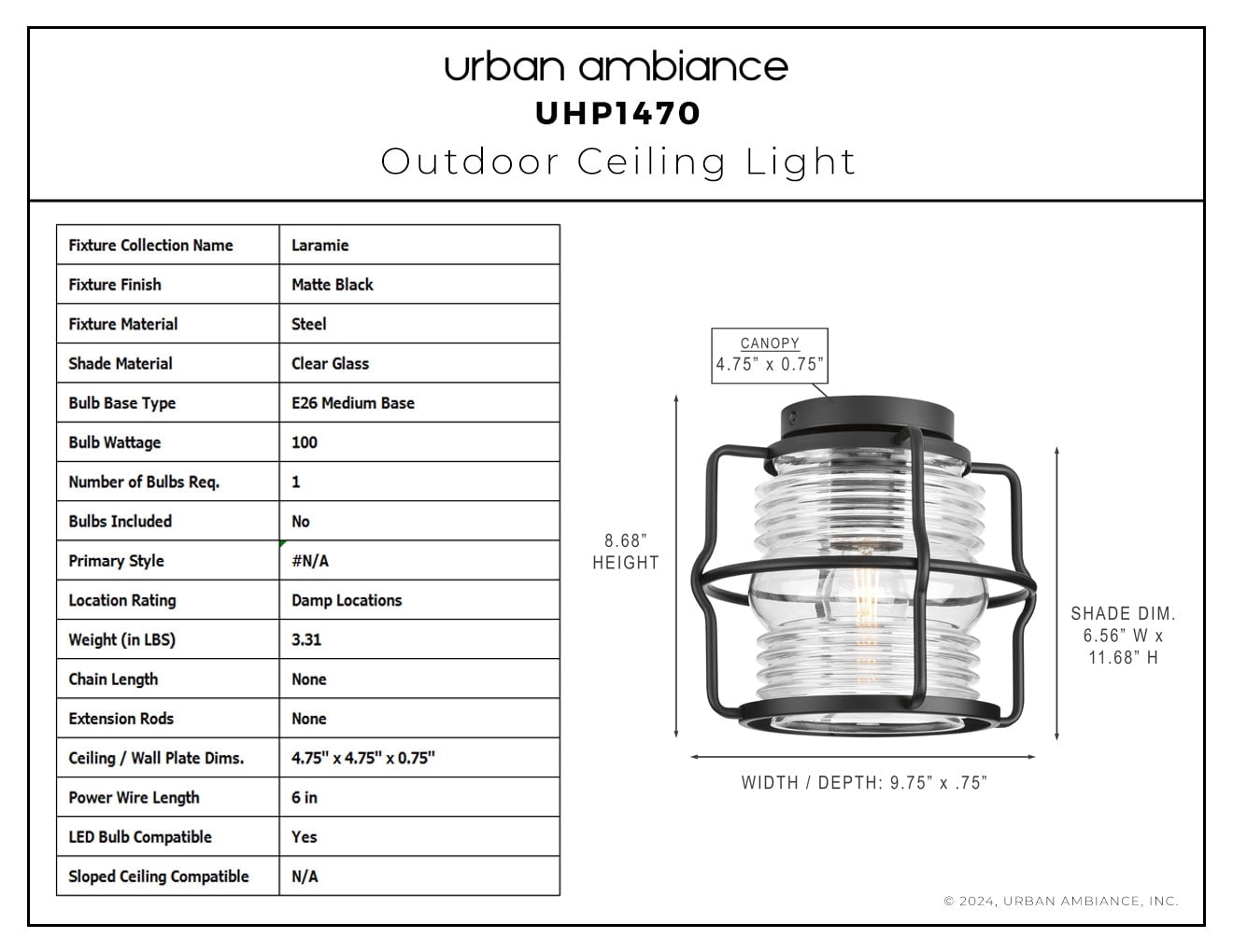 Luxury Coastal Ceiling Light, Small Size: 8.688''H x 9.75''W, with Utilitarian Style Elements, Matte Black Finish, UHP1470 from the Laramie Collection by Urban Ambiance