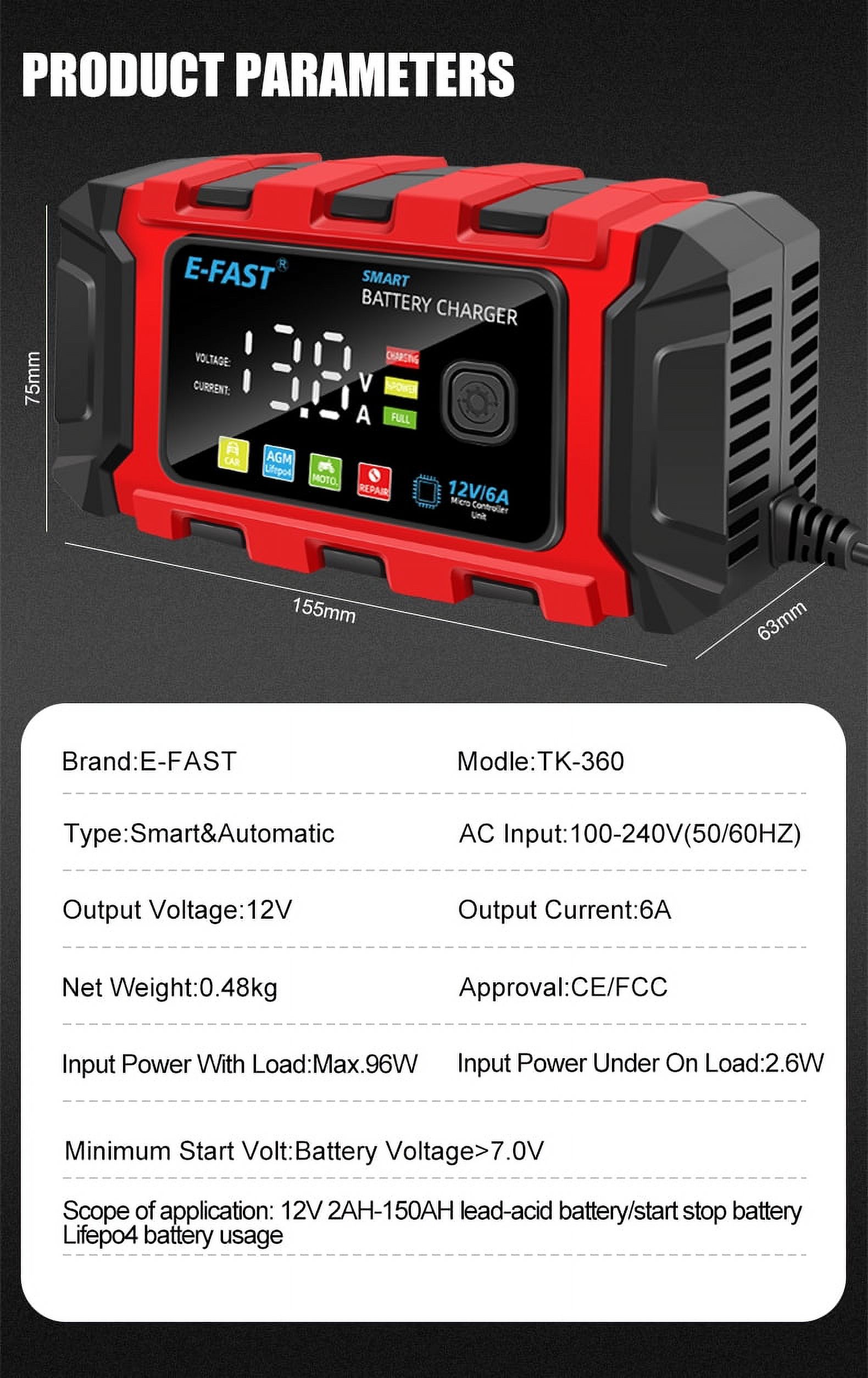 12V Car Battery Charger Automatic Lifepo4 Battery Tender AGM Repair Battery Maintainer 12 Volt Trickle Charger for Motorcycle