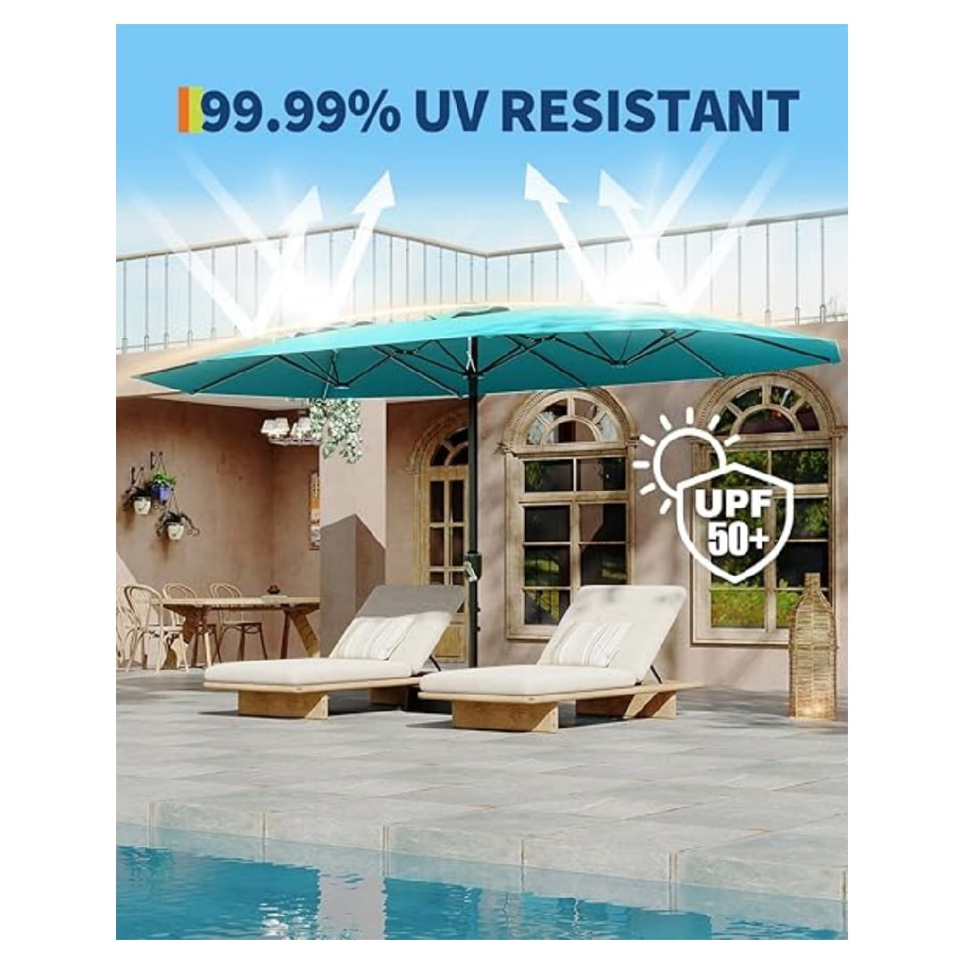 Heavy Duty 15FT Patio Umbrella with Weighted Base - Double-Sided Sun Shade for Outdoor Dining, Poolside, Backyard (Crank Handle, UV Blocking Fits 2-8 People)