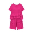 thumbnail image 4 of Womens Linen Two Piece Sets Ruffle Short Sleeve Blouse and Drawstring Pocket Shorts Casual Summer Outfits for Women Hot Pink XL(XL), 4 of 6
