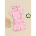 thumbnail image 4 of Musuos Toddler Girls Casual Shorts Set, 6 12 18 24M 3Y Solid Color Short Sleeve T-shirt with Elastic Waist Shorts with Hairband 3 Piece Summer Set, 4 of 10
