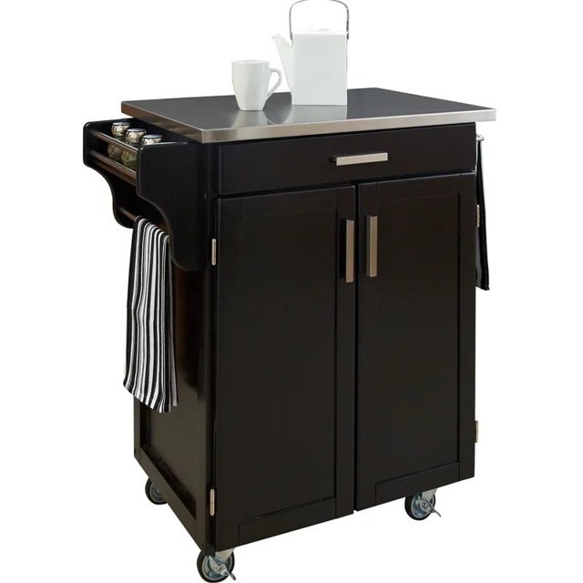 Homestyles Wood Kitchen Cart with Stainless Steel Top in Black
