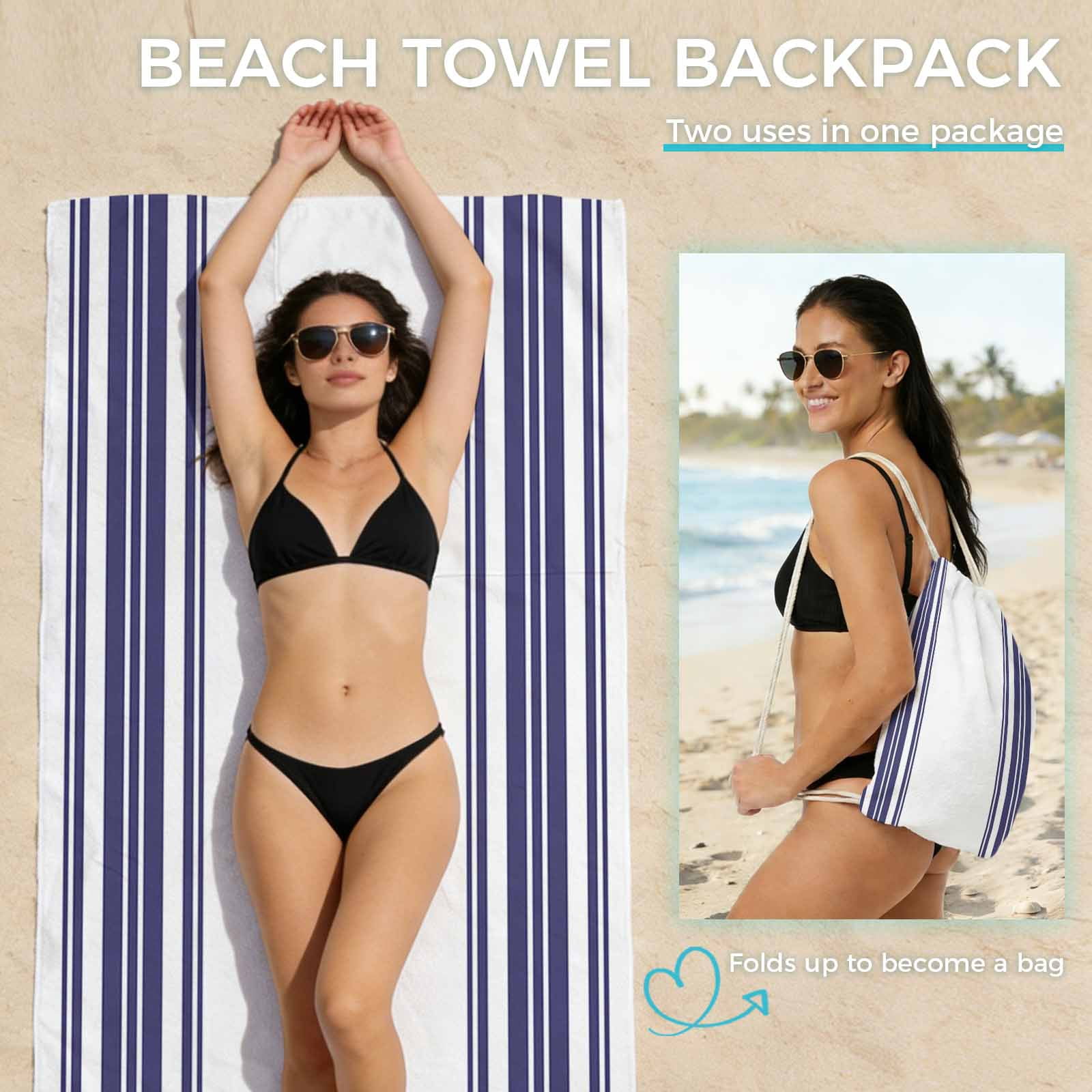 Beach Towel Bag 2 in 1 Blue Stripes Bath Pool Towels Backpack Simple Style Absorbent Beach Towel Soft Quick Dry Lightweight Packable Towels Drawstring Bag for Travel Camping Sports Yoga Gym Picnic