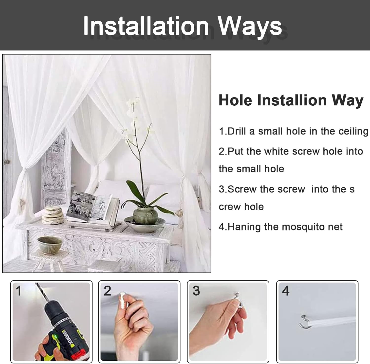 Square Bed Canopy Set, Decorative Elegant Bed Net Four Corner Post Canopy, Quick And Easy Installation For Single And Double Beds, White, 210 X 190 X 240 Cm