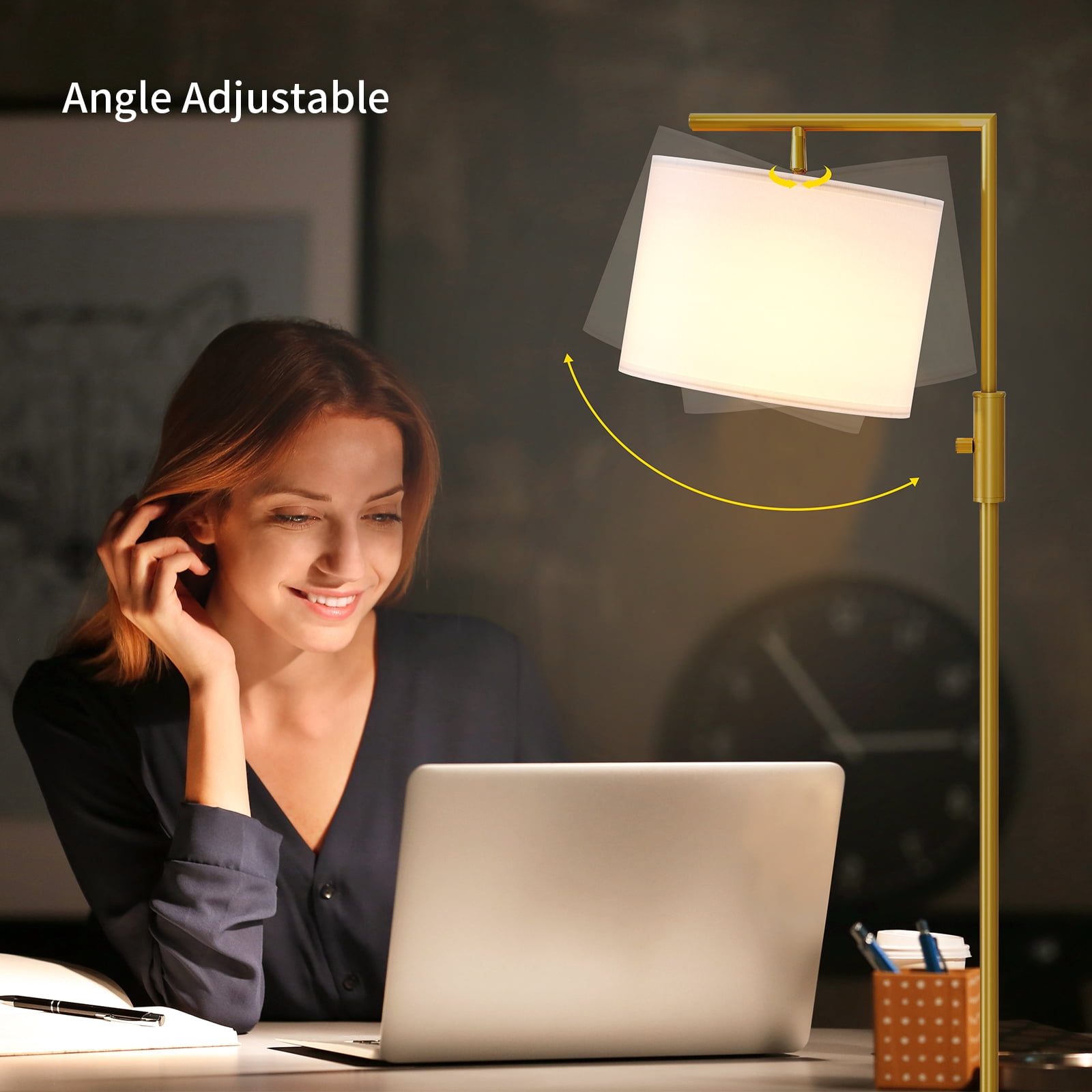 SUNMORY Iron Modern Standing Lamp, Gold Floor Lamp for Living Room, with Rotary Switch, Hanging Shade and 3 Color Temperatures 9W Bulb for Bedroom, Study Room, Office