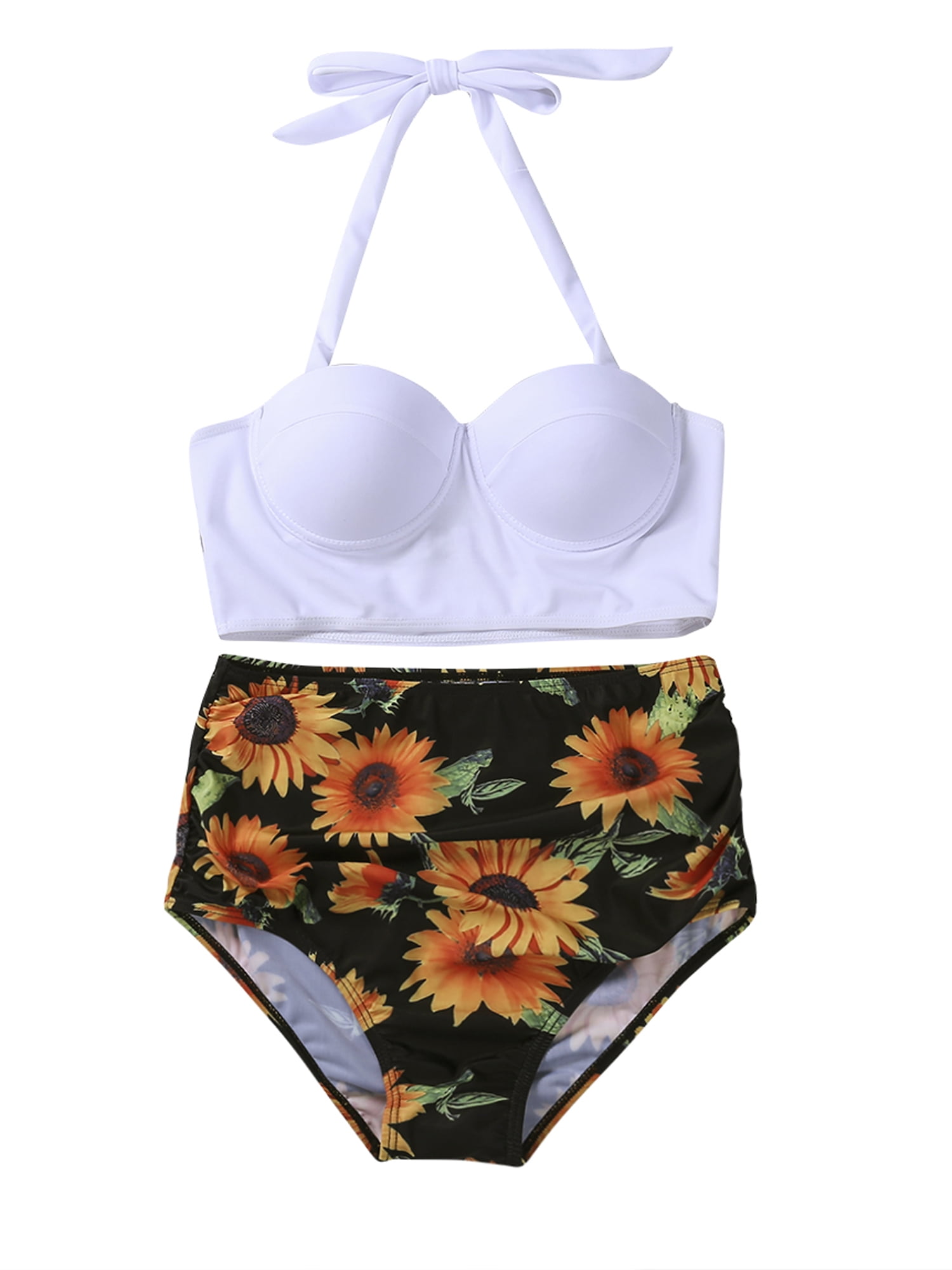 LiaoTI Bikini Swimsuits Retro Ruffled Flounce Crop Bikini Top with High Waisted Bottom Two Piece Tankini Set