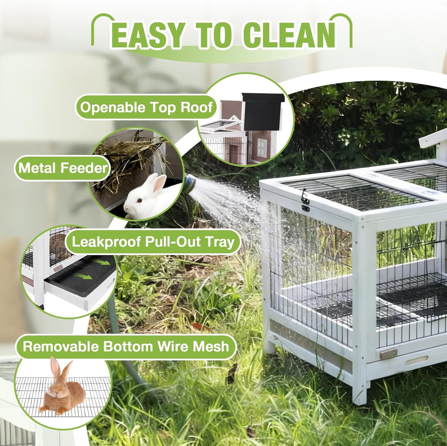 Aivituvin Rabbit Hutch Indoor and Outdoor, Wooden Rabbit Cage with Wheels, Mobile Bunny House with Leakproof Tray and Removable Wire Floor, Guinea Pig Cage with Run (Brown)