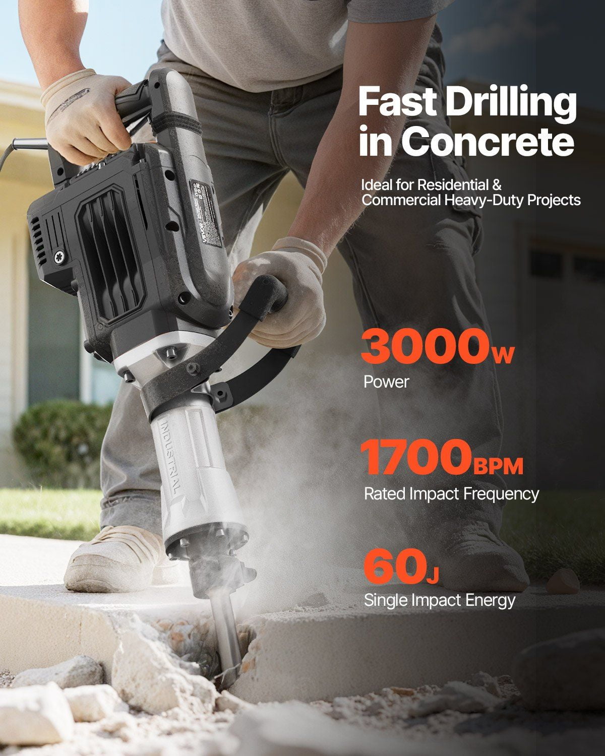 3000W High-Power Electric Jack Hammer, 1700 BPM Demolition Breaker with Point Chisel & Full Safety Set (Gloves, Goggles, Case) for Concrete, Wall, Tile Work
