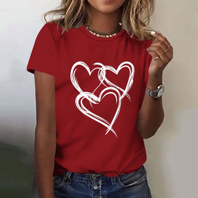 Ounisa T-Shirts pour Femmes Col Rond Mignon Cœur Graphique Manches Courtes Hauts d'Été