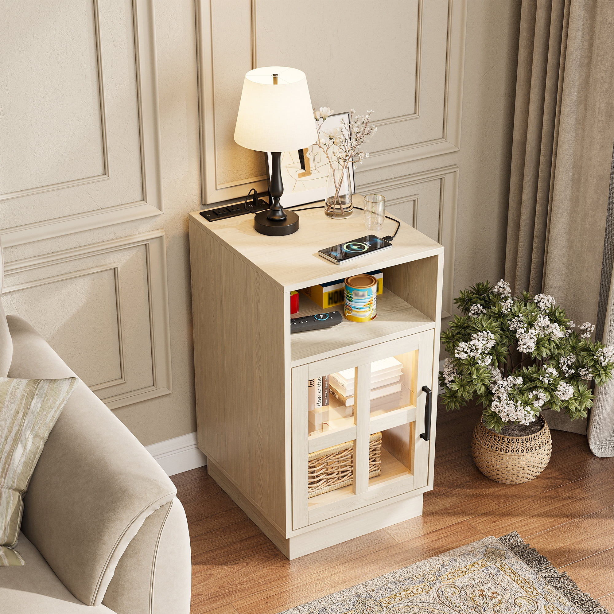 VEANERWOOD End Tables for Living Room with Charging Station & LED Light, Nightstand for Bedroom with Glass Door and Adjustable Shelf, Beige