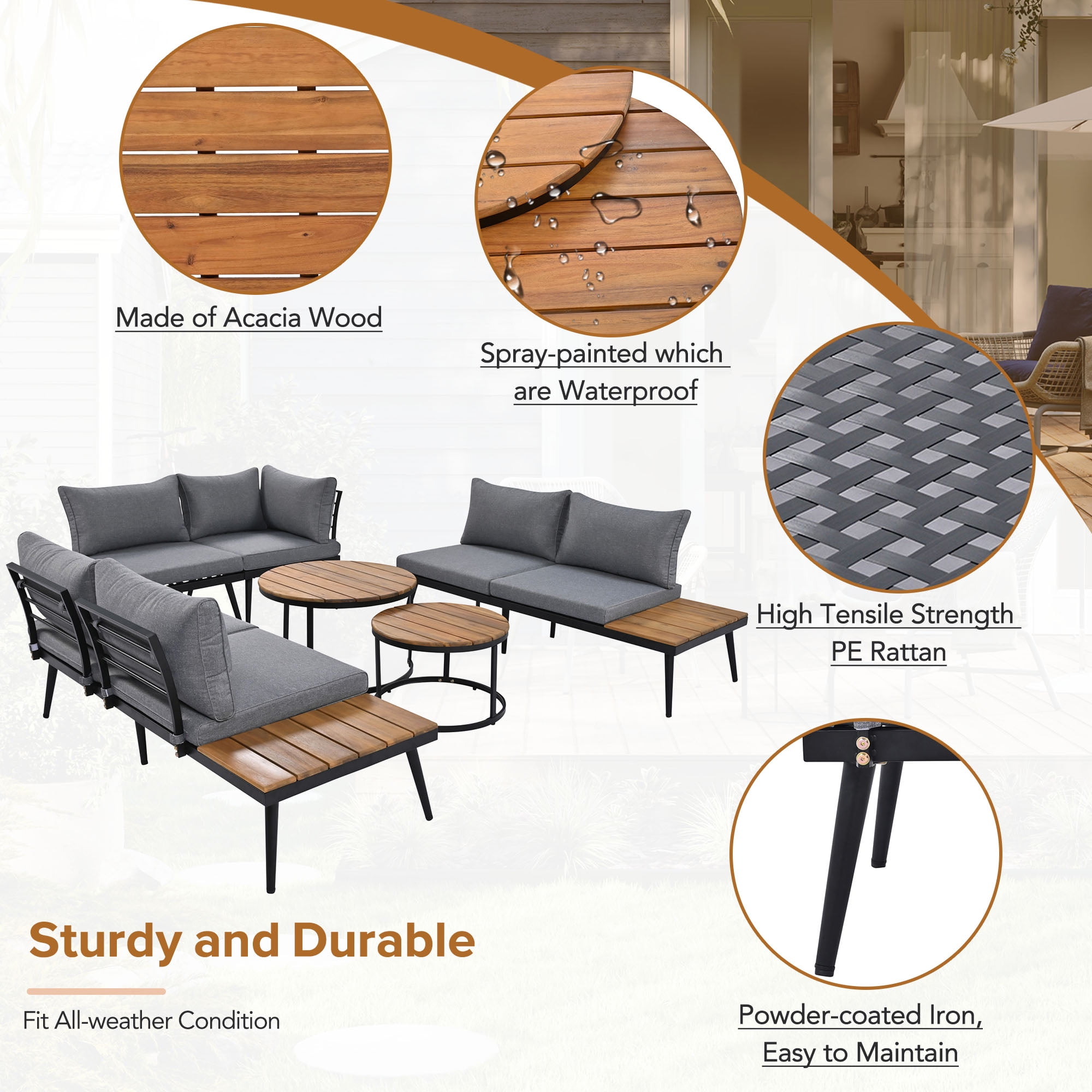 Harper & Bright Designs Metal Outdoor Sectional Furniture L Shape Patio Conversation Sets, 6 Pieces Patio Furniture Sets with Round Nesting Coffee Tables for Garden, Backyard and Porch