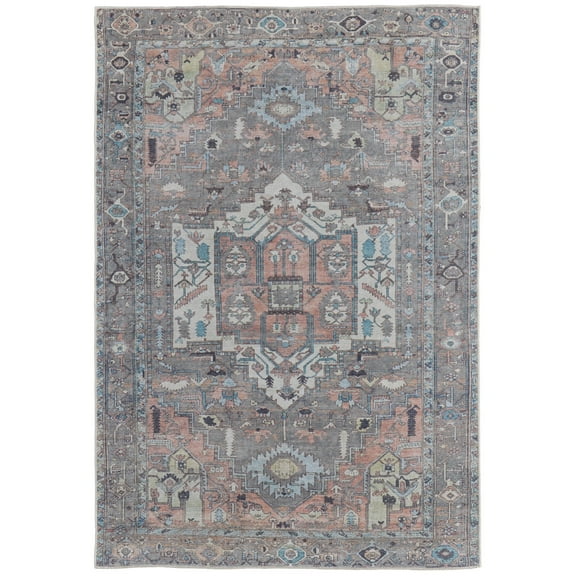 Feizy Percy Transitional Medallion, Taupe/Red/Brown, 2' x 3' Accent Rug Easy Care Fade Resistant Sheen Bohemian & Eclectic Distressed Floor Rug for Living room Bedroom