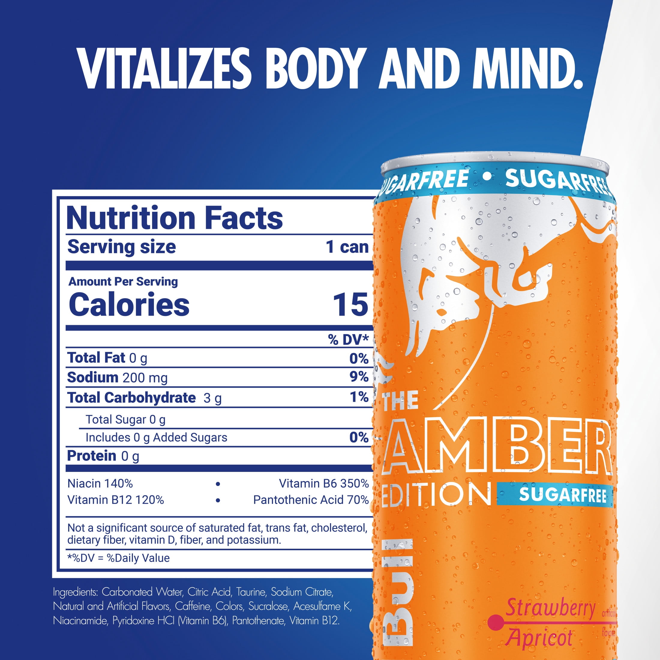 (4 pack) Red Bull Amber Edition Sugarfree Energy Drink, Strawberry Apricot, 114mg Caffeine, 12 fl. oz. Can