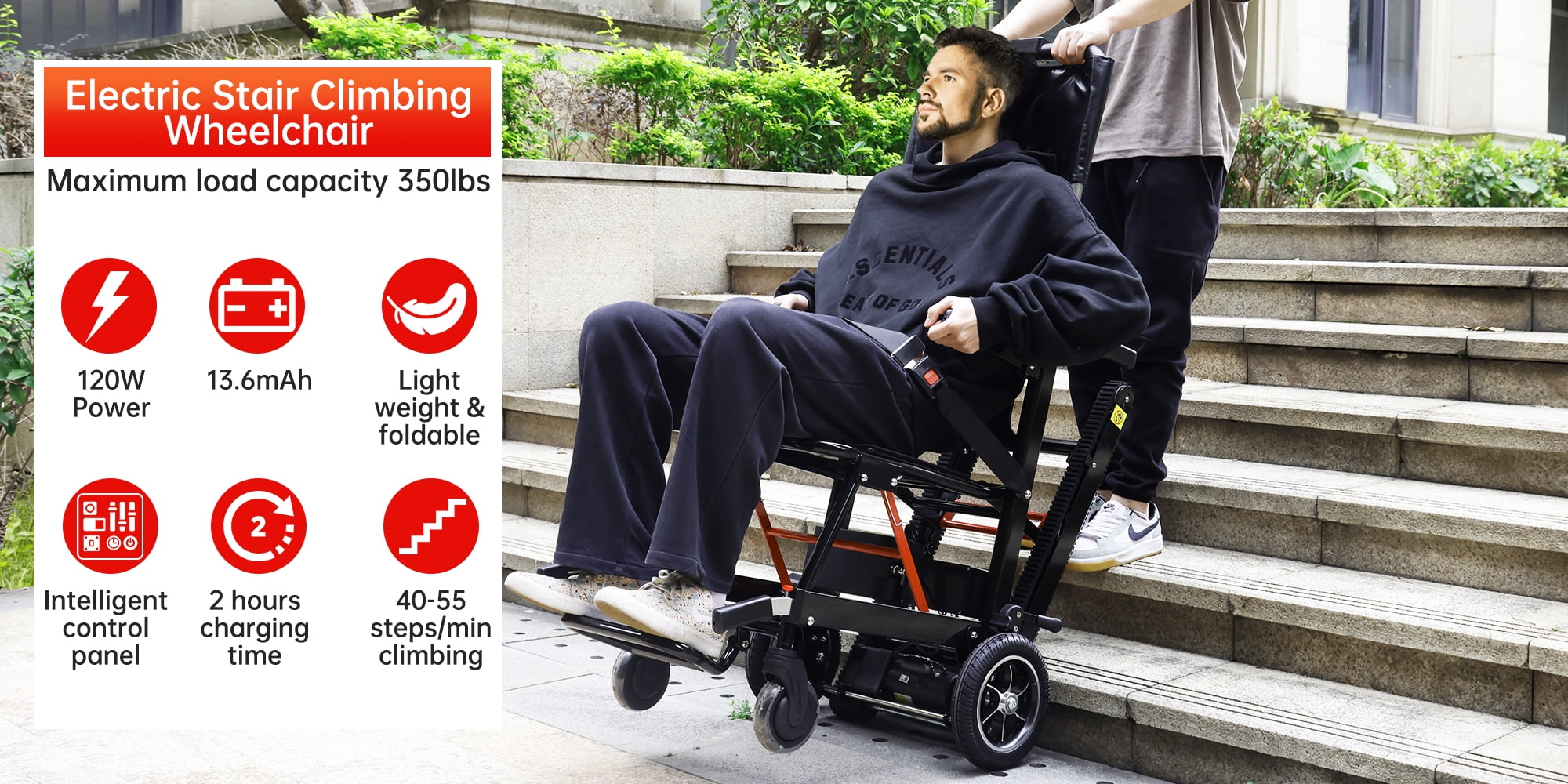 ARTUDATECH Portable Electric Chair Climbing Wheelchair large wheel 440 lb limit,Track Climbing Wheelchair Heavy Duty Assist Track Stair Chair for Adults Seniors