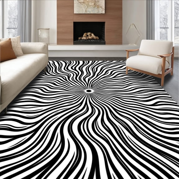 ODIKA 4'x6' Machine Washable Non-Slip Area Rug, Abstract Warping Artistic Interlocking Contemporary High Traffic Rug, Black, 443515