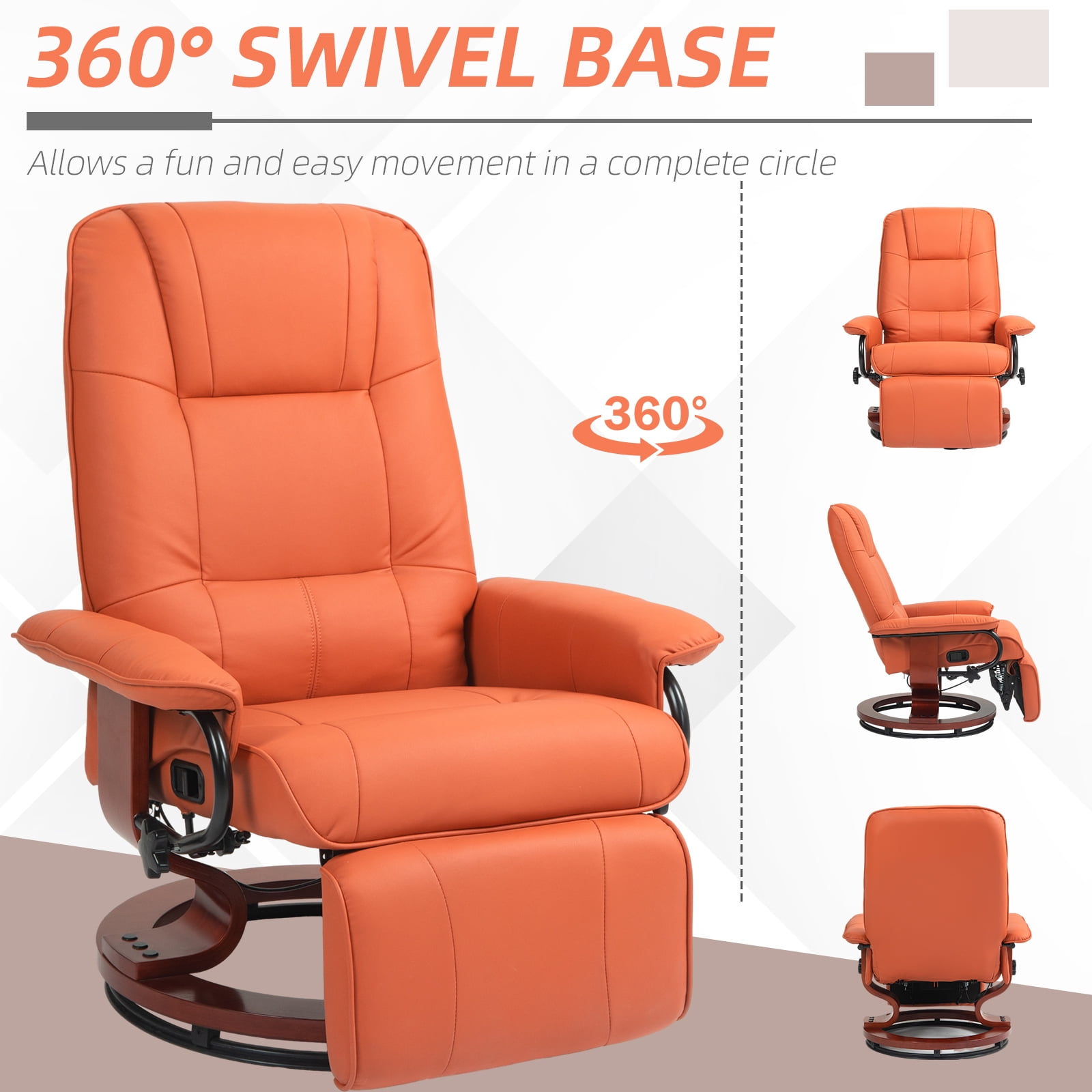 HOMCOM Faux Leather Manual Recliner, Adjustable Swivel Lounge Chair with Footrest, Armrest and Wrapped Wood Base for Living Room, Orange