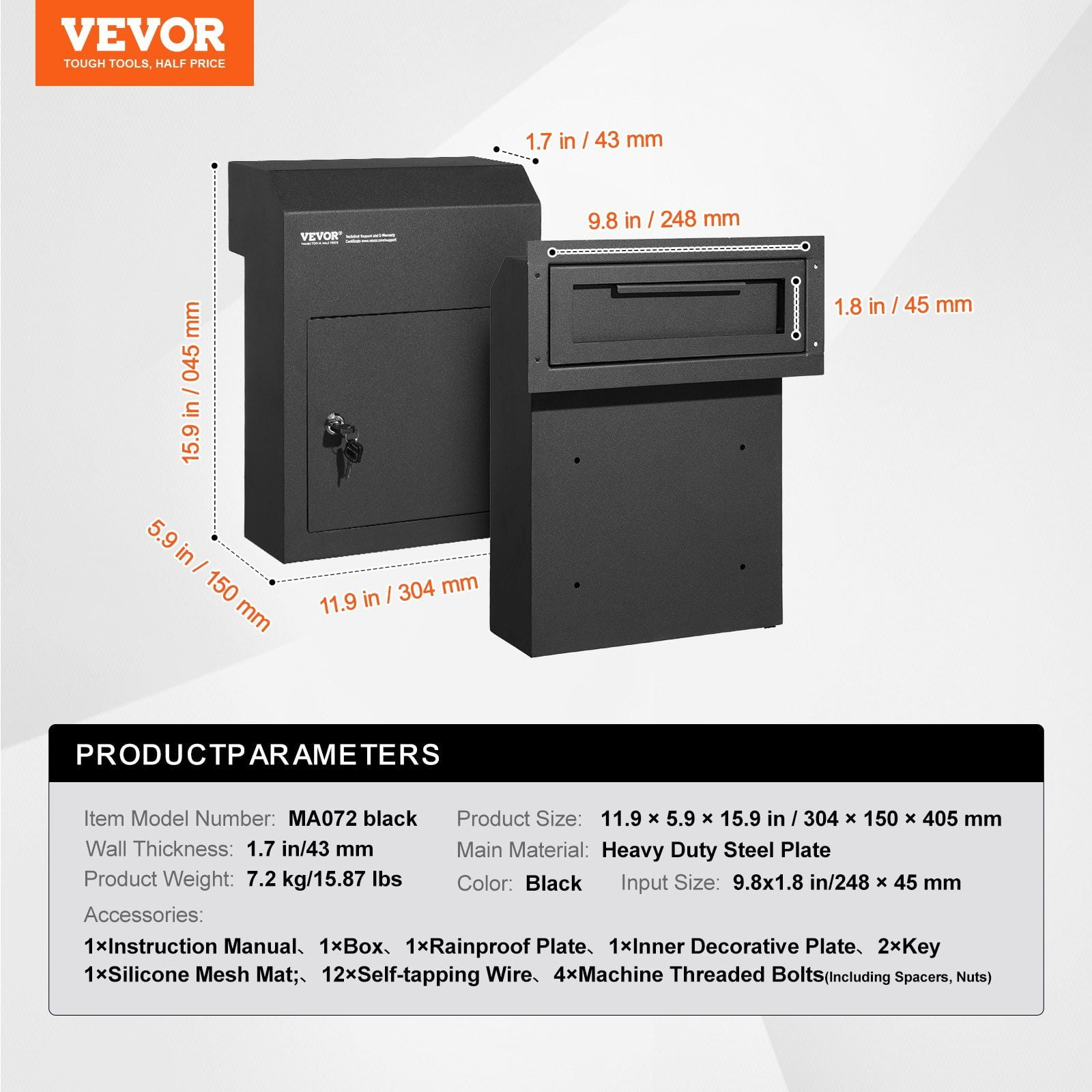 Heavy Duty Through The Door Key Drop Box, 12" Lockable Mail Slot, 12x6x16" Steel Mailbox, Black - Secure Package Delivery