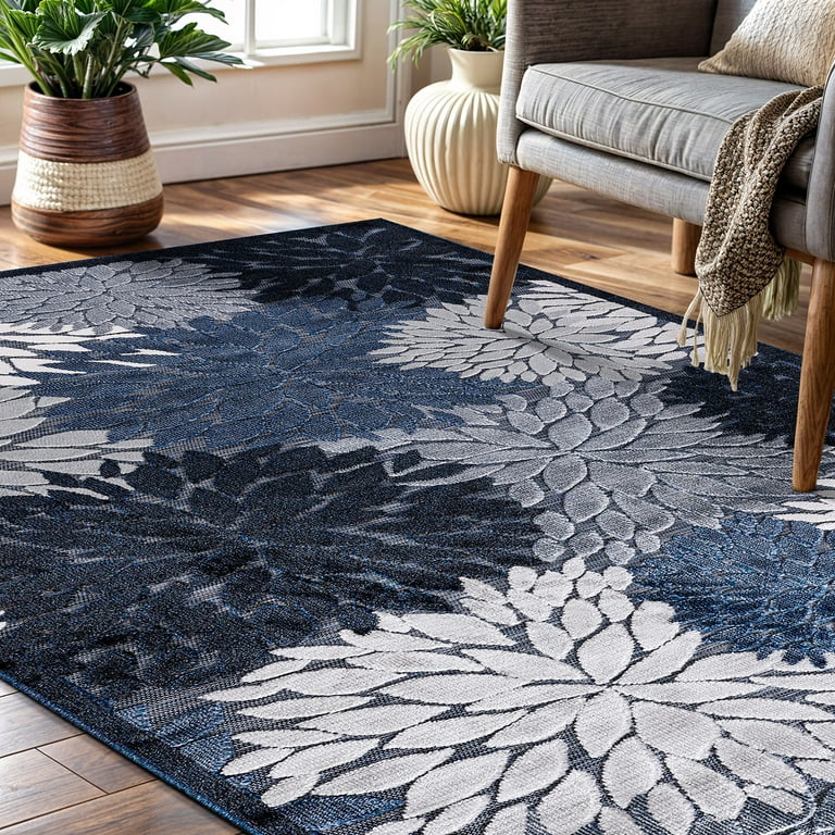 CAMILSON Spring Navy Blue 8x10 Rug - Indoor/Outdoor, Washable, Non