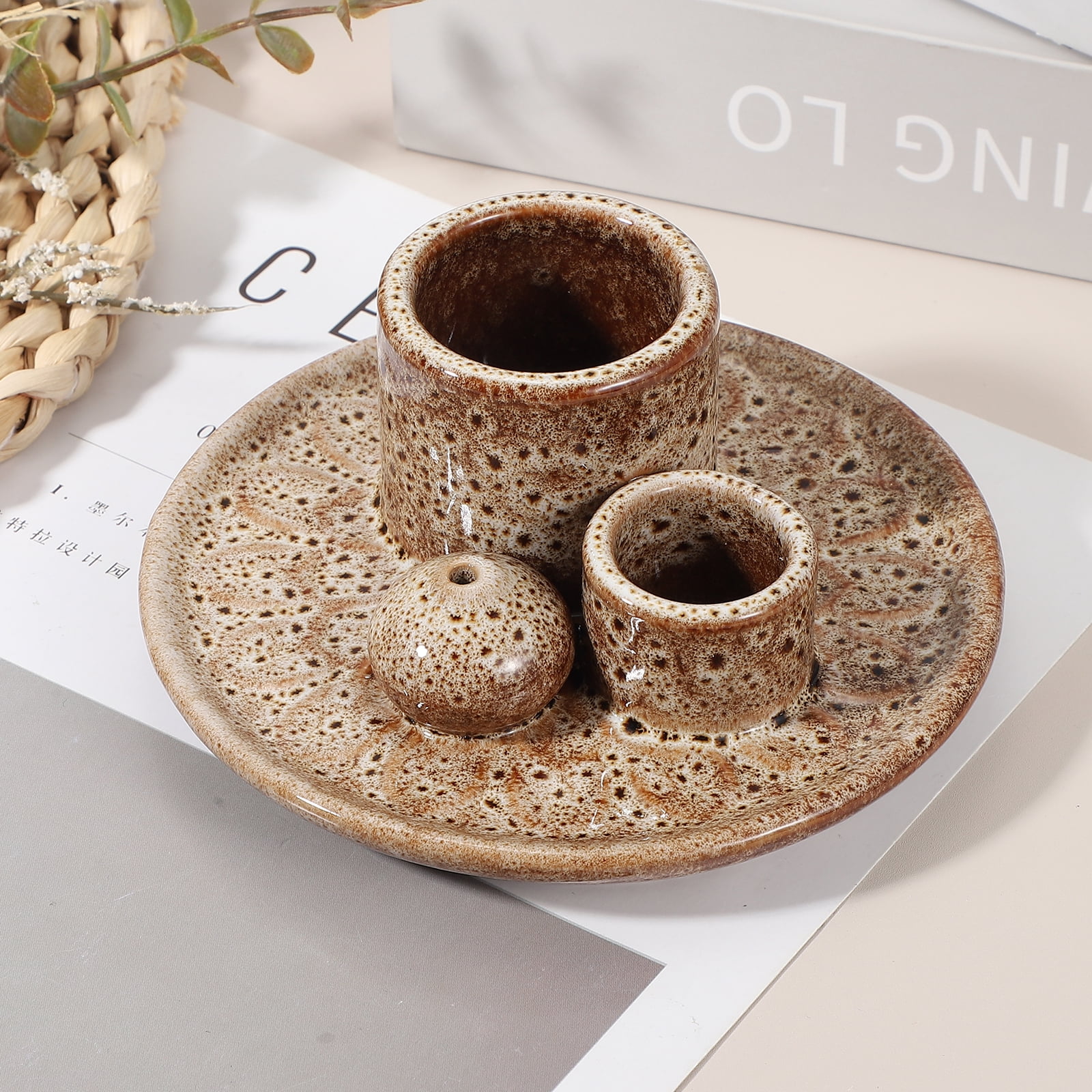 Uxcell Modern Incense Burner, 4 in 1 Ceramic Holder for Meditation, Brown