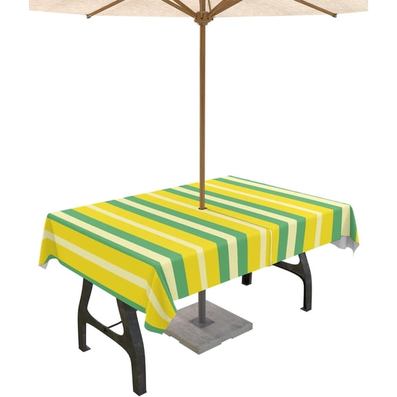 Outdoor Tablecloth Yellow Stripe Rectangle Patio Tablecloths 60x84, Waterproof Outside Table Cloths with Umbrella Hole and Zipper, Geometric Pattern Summer Table Cover for Outdoor Tables Garden