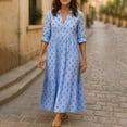 thumbnail image 4 of Uscallm Women Plus Size V Neck 3/4 Sleeve Button Down Dot Boho Midi Dress Flowy Casual Loose Maxi Travel Dresses with Elastic Waist, Sky Blue 2XL, 4 of 7