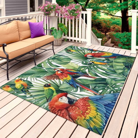 Tropical Plants Outdoor Rug for Patio/Deck/Porch, Non-Slip Large Area Rug 5 x 7 Ft, Summer Rustic Monstera Palm Leaves Birds Green Indoor Outdoor Rugs Washable Area Rugs, Camping Rug Carpet Runner