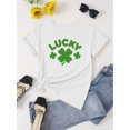 thumbnail image 2 of Lucky" T-Shirt Décontracté Imprimé Trèfle pour la Saint-Patrick - Polyester Doux, Col Rond, Manches Courtes, Lavable en Machine, Rose avec Design Trèfle à Quatre Feuilles Vert, Idéal pour les Festivités de Printemps et d'Été, 2 of 7
