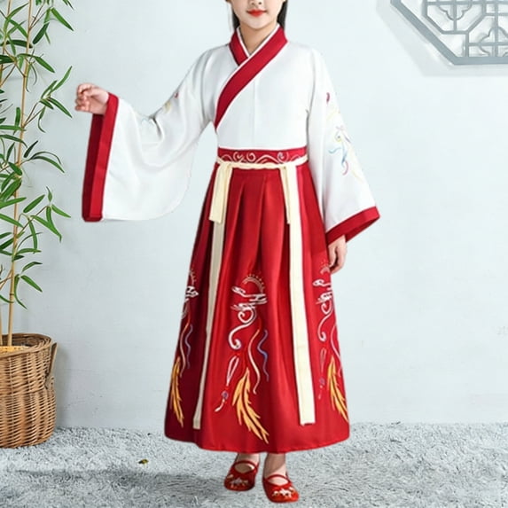 QHFBli Deluxe Hanfu Chinese Costume For Girls,Kids Tang Dynasty Traditional Floral Embroidery Princess Dress