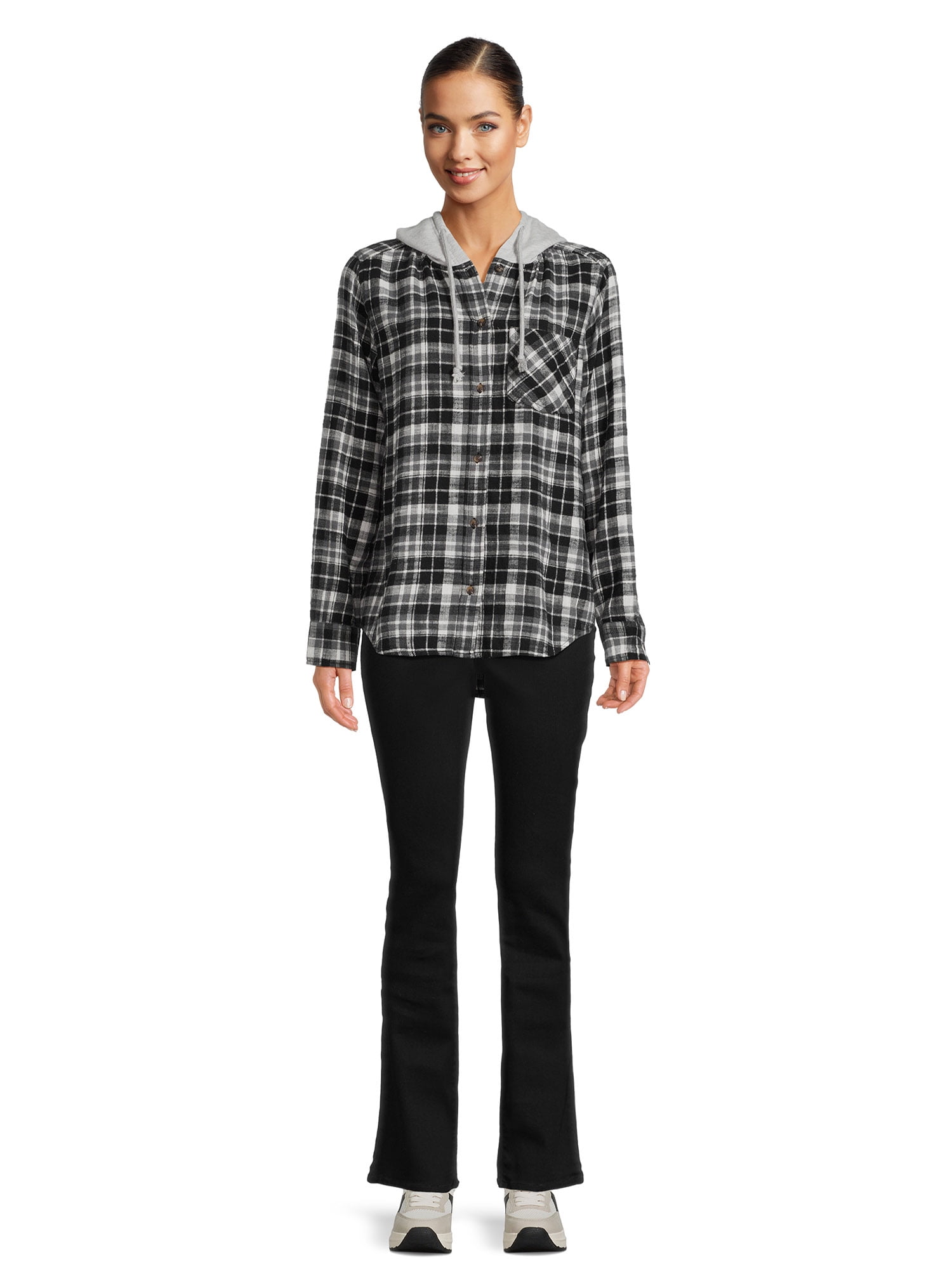 Time and Tru Women's Hooded Flannel Shirt, Sizes S-XXXL