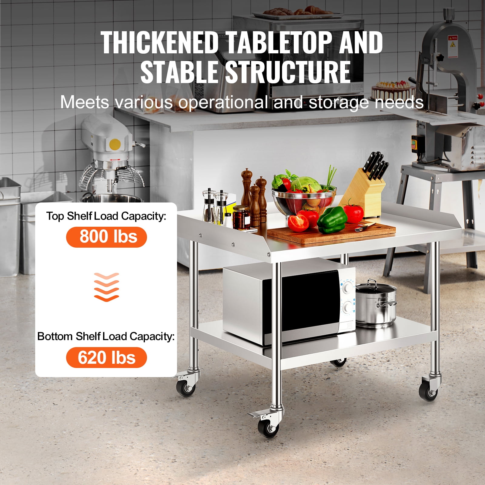 KFFKFF 30 x 36 x 30 Inches Commercial Grade Stainless Steel Work Table, Heavy Duty Metal Equipped with 4 Mobile Wheels, 3-Sided Backsplash for Enhanced Durability, Ideal for Restaurant, Home