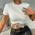 thumbnail image 6 of fatyb Womens Ribbed Crop Tops with Sequin Fringe Sparkly Short Sleeve Tshirts Round Neck Knit Tee Tops, 6 of 7