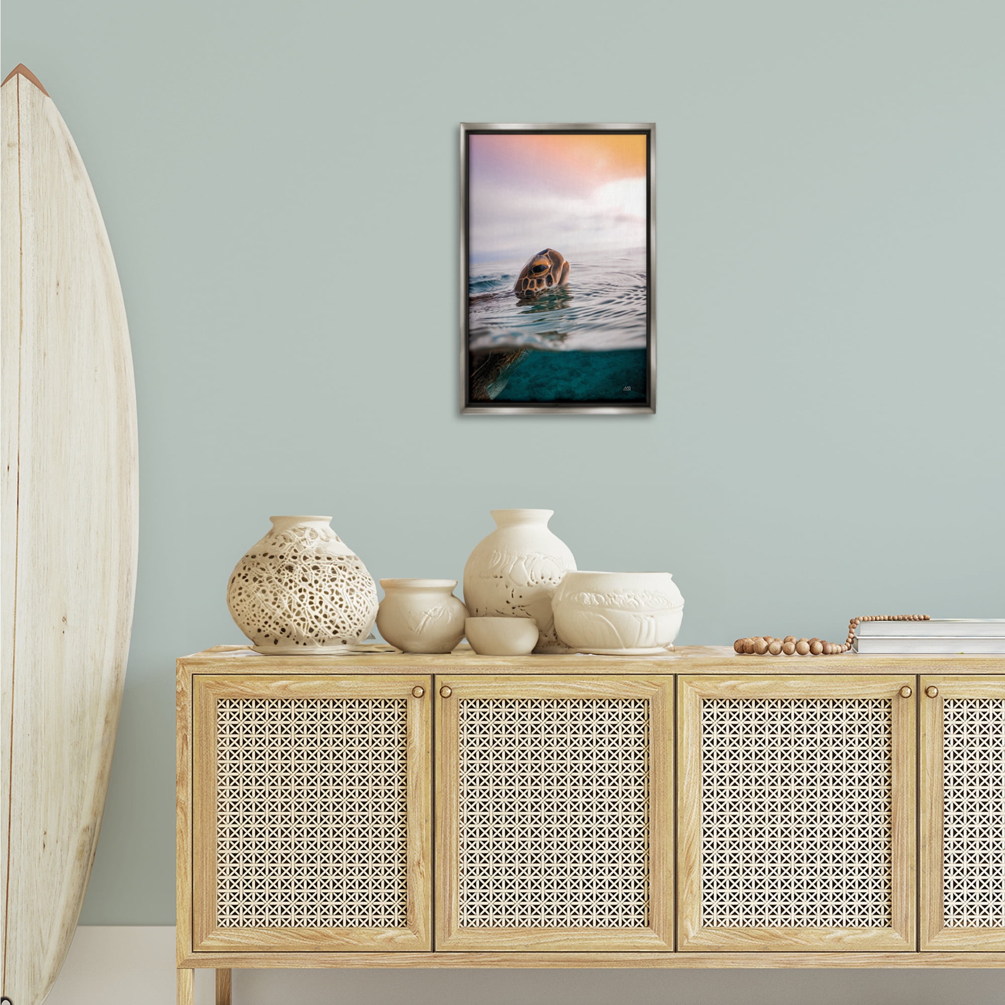 Stupell Industries Turtle Swim at Sunrise Animals Photography Gray Floater Framed Canvas Art Print Wall Art, 17 x 25