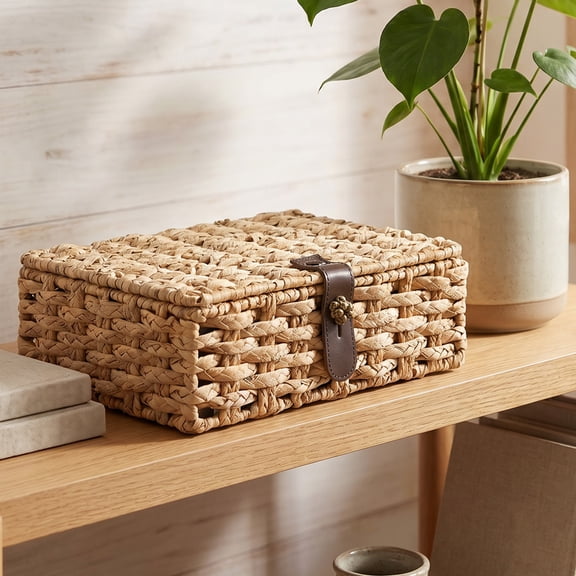 Wicker Storage Basket Decorative Box with Lid Water Hyacinth Woven Decorative box for Shelf Coffee Table Console Table Home Decor (Small)