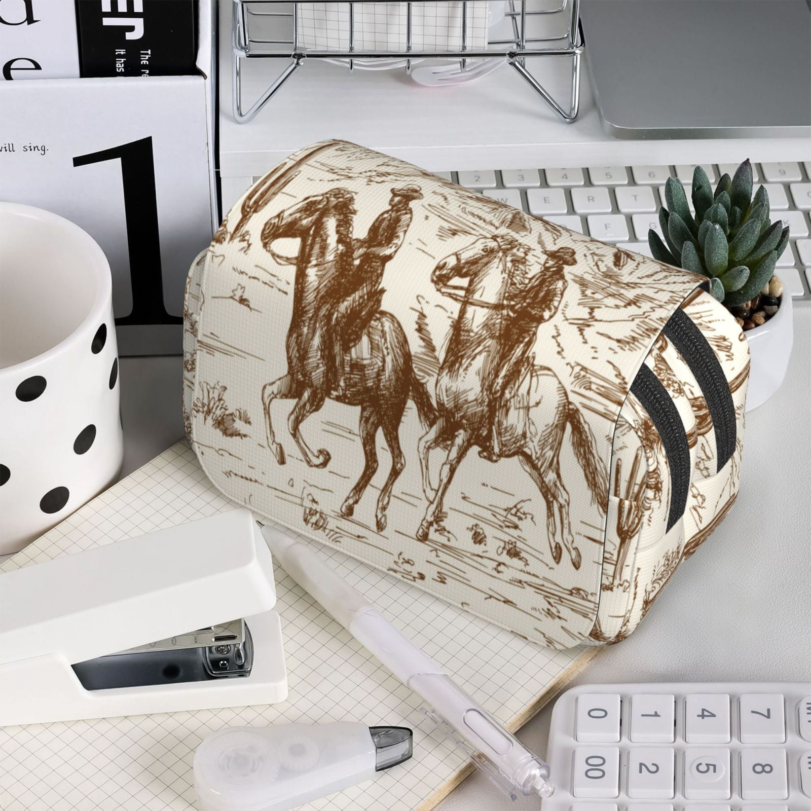 Rateoe Western Desert Cowboys1 Pattern Double Clamshell Pen Case, Storage Organizer with Two Zipper Compartments– Holds Up to 50 Pencils & Pens