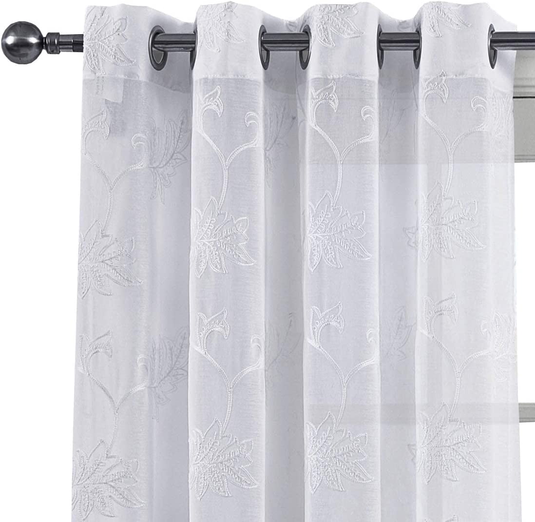 sheetsnthings Embroidered Andora 108-Inch Wide x 120-Inch Long, Set of 2 Grommet Top Sheer Window Curtains, White