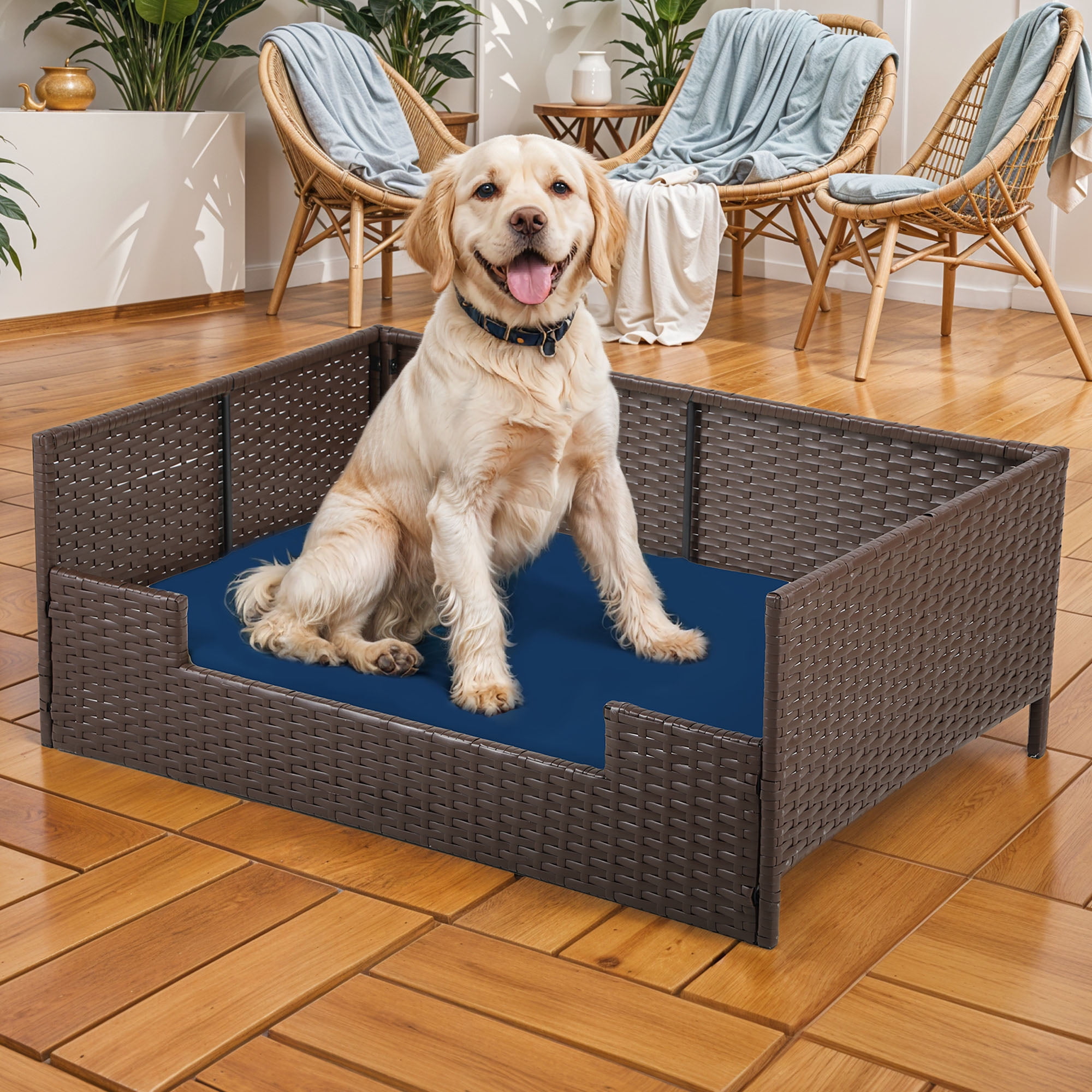Uforic Rattan Dog Sofa Bed with Blue Cushion,Wicker Pet Bed Sofa Indoor Outdoor,All-weather Protection, Brown&Blue,24.8"L x 19.7"W x 9.8"H