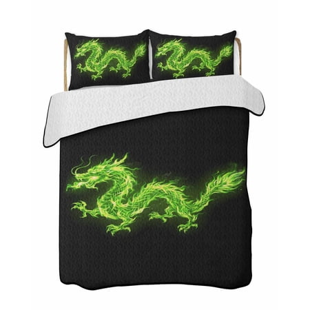 Quilts Queen Size Bedding Set Dragon Flames Reversible Summer Quilt 3 Pieces Green Dragons Abstract Modern Art Lightweight Bedspreads Coverlets with 2 Pillow Shams for All Seasons