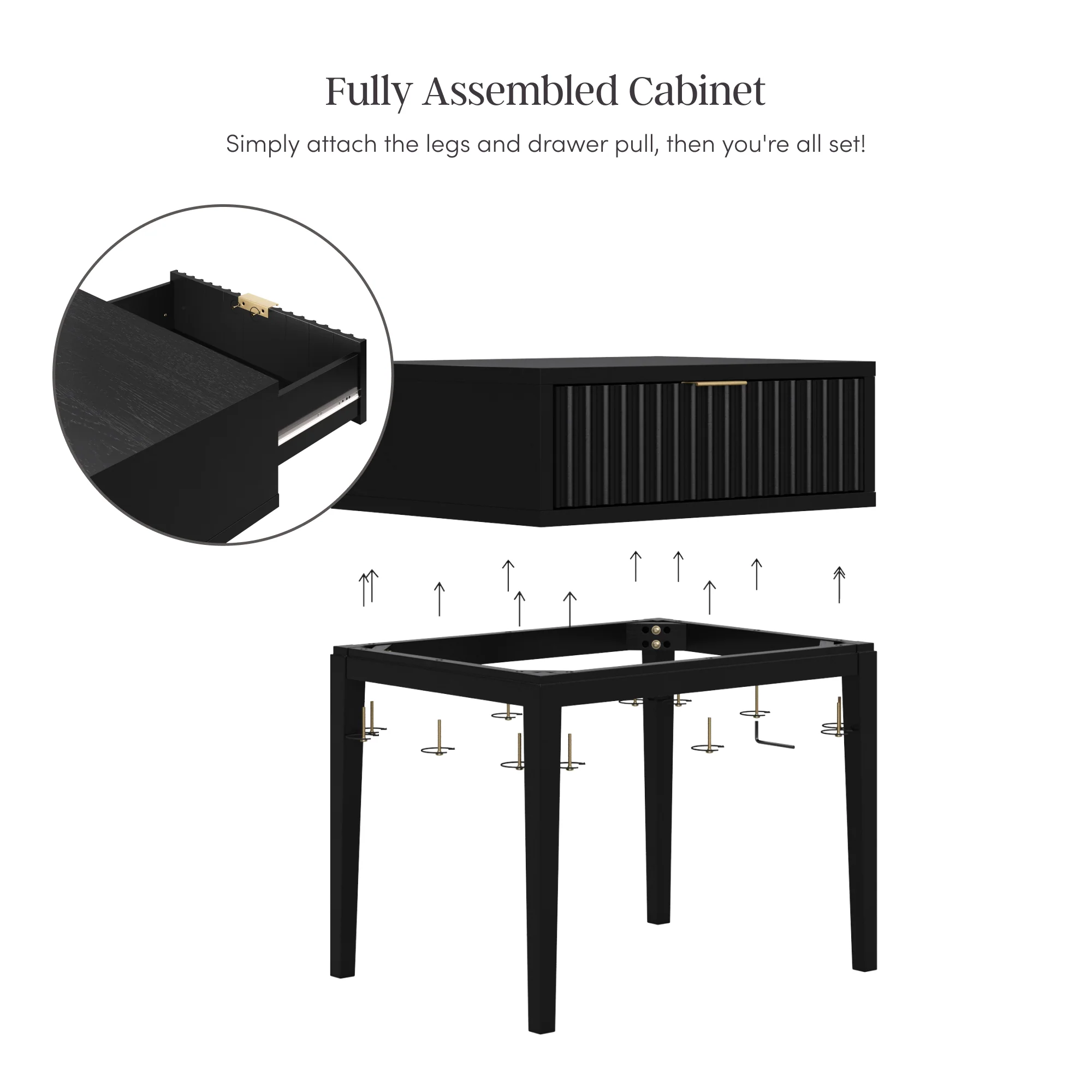Nathan James Jasper 1-Drawer Boho Side Table, Solid Wood Bedroom Nightstand or Bedside Table with Drawer, Fluted Doors and Brass Handles, Black