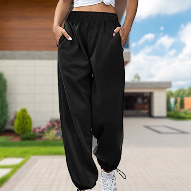 Pantalones De Chándal Básicos Pantalones de chándal básicos para mujer, cordón de algodón, ajuste holgado, ropa diaria (negro S) Ygjytge para Mujer Negro T XL