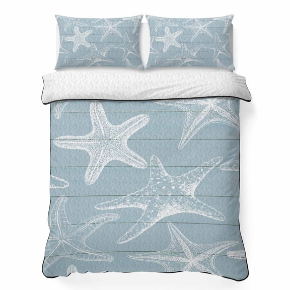 King Quilt Bedding Set, Summer White Sea Stars 3 Piece Bedding Set Lightweight Breathable Quilt with 2 Pillow Shams, Farm Blue Woodcuts Soft Microfiber Summer Comforter for Hot Sleepers