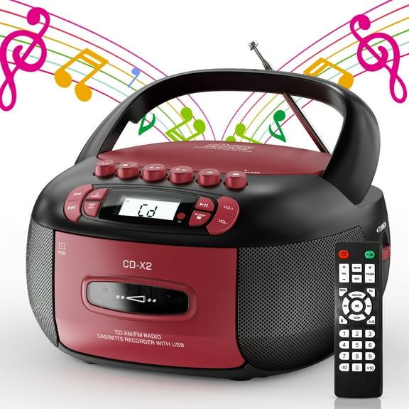 CD Player Boombox Cassette Player Combo with BT, AM/FM Radio, Stereo Sound with Remote Control, AUX/USB Drive, Tape Recording, AC/DC Powered, Headphone , LCD Display for Home, Gift