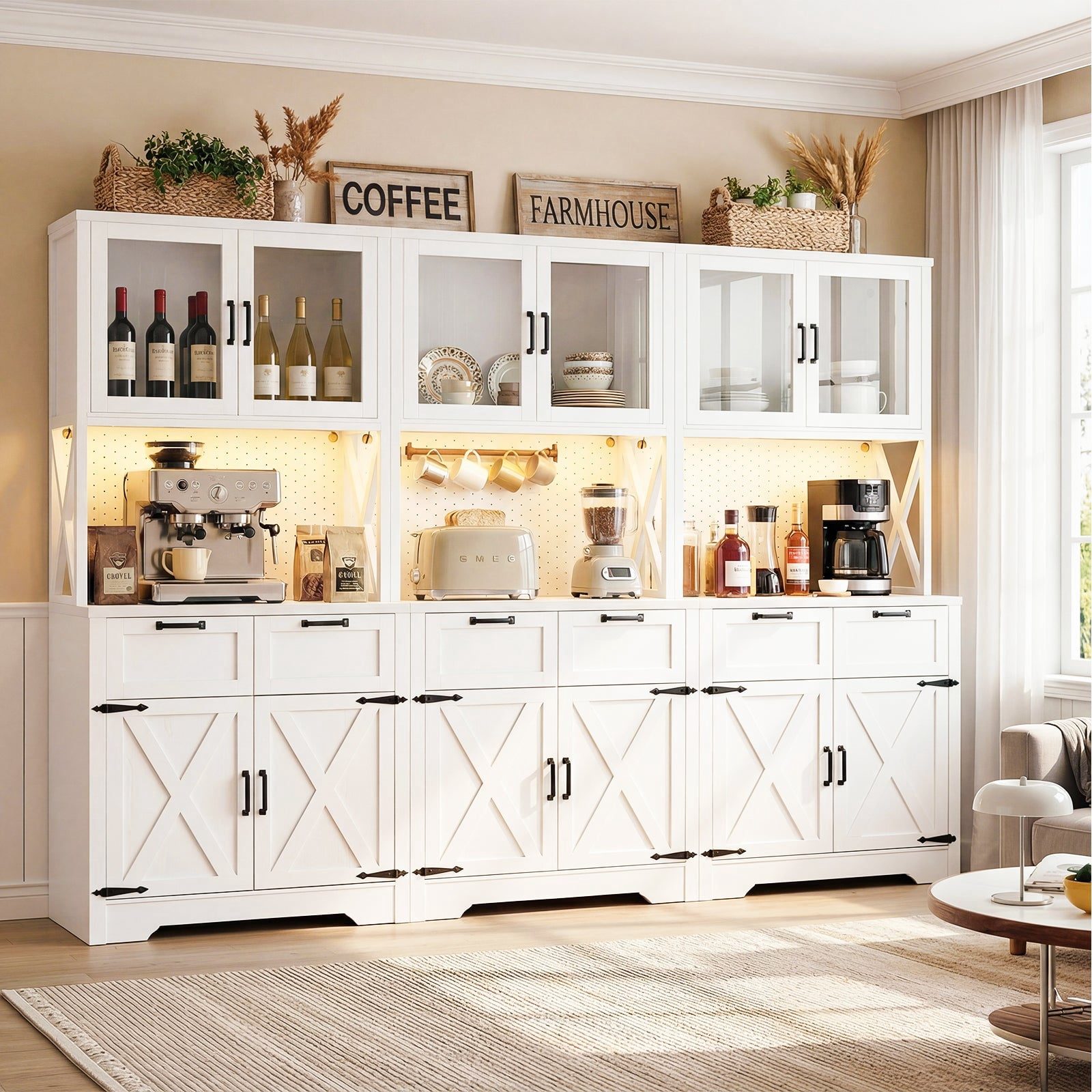 Homieasy 71'' Tall Farmhouse Pantry Cabinet with 6 Drawers and 12 Doors, 94.5'' Width 3-Piece Cupboard with Adjustable Shelves for Dining, Kitchen, Living Room, White