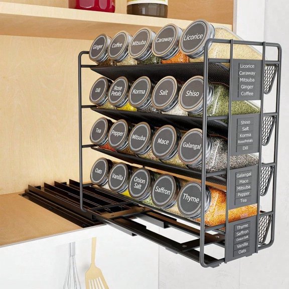SpaceAid Pull Out Spice Rack Organizer With 20 Jars Heavy Duty Slide Out Seasoning Organizer For Kitchen Cabinets With 801 Labels And Chalk Marker Left Facing