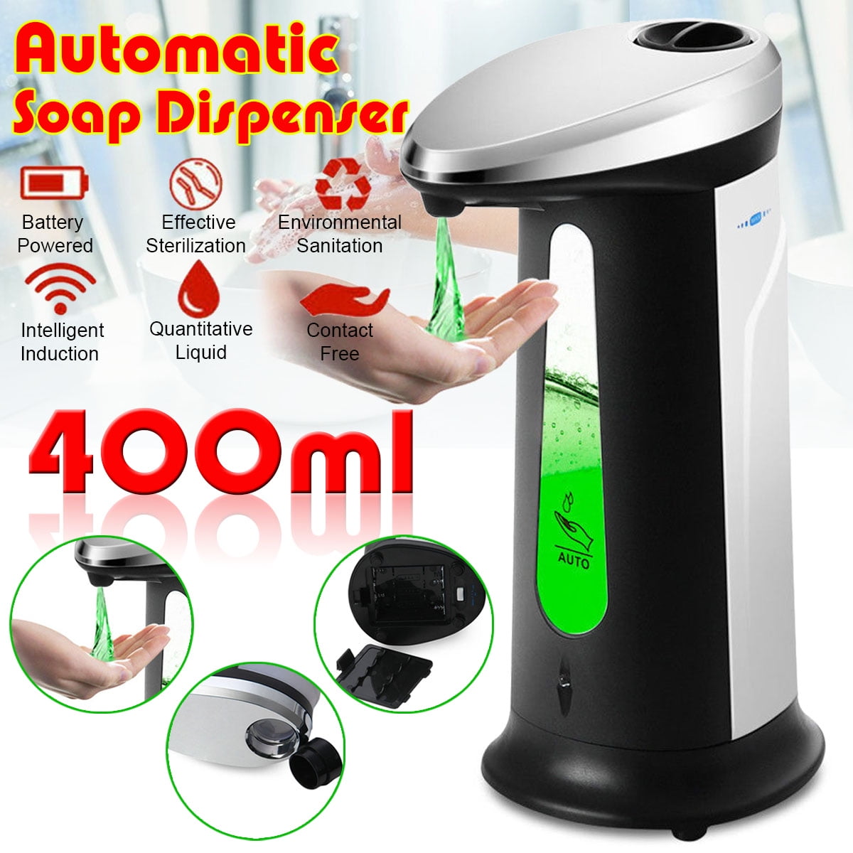 400ML Automatic Soap Dispenser Sanitizer Hands-Free IR Sensor Touchless Kitchen 