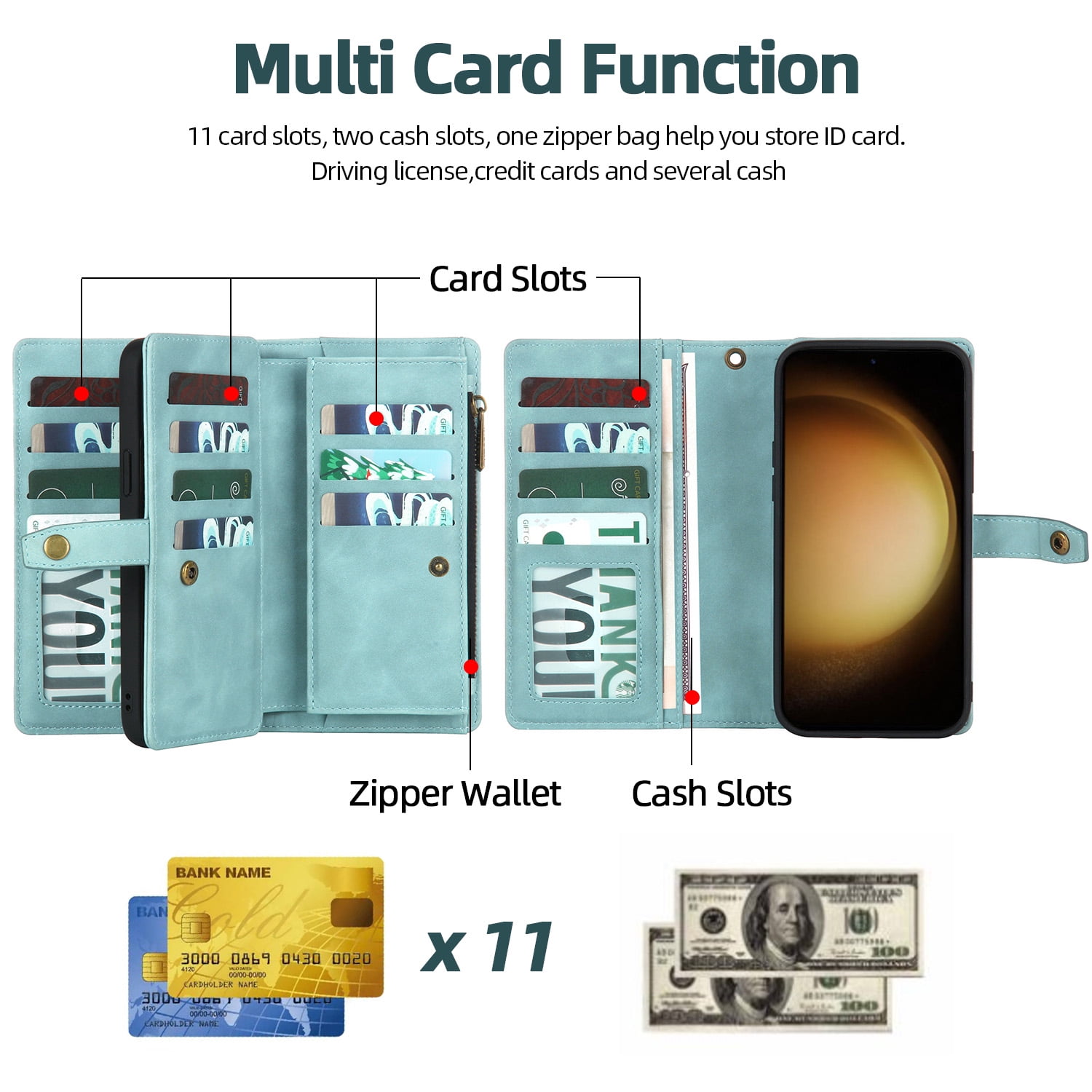 Dteck for Samsung Galaxy S24 Case, Samsung S24 Case Wallet for Women Men, Durable PU Leather Magnetic Flip Lanyard Strap Wristlet Zipper Card Holder Phone Cases for Galaxy S24 5G,Green