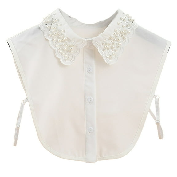 Faux Pearl Beaded Fake Collar Women White Embroidery Scalloped Half Shirt