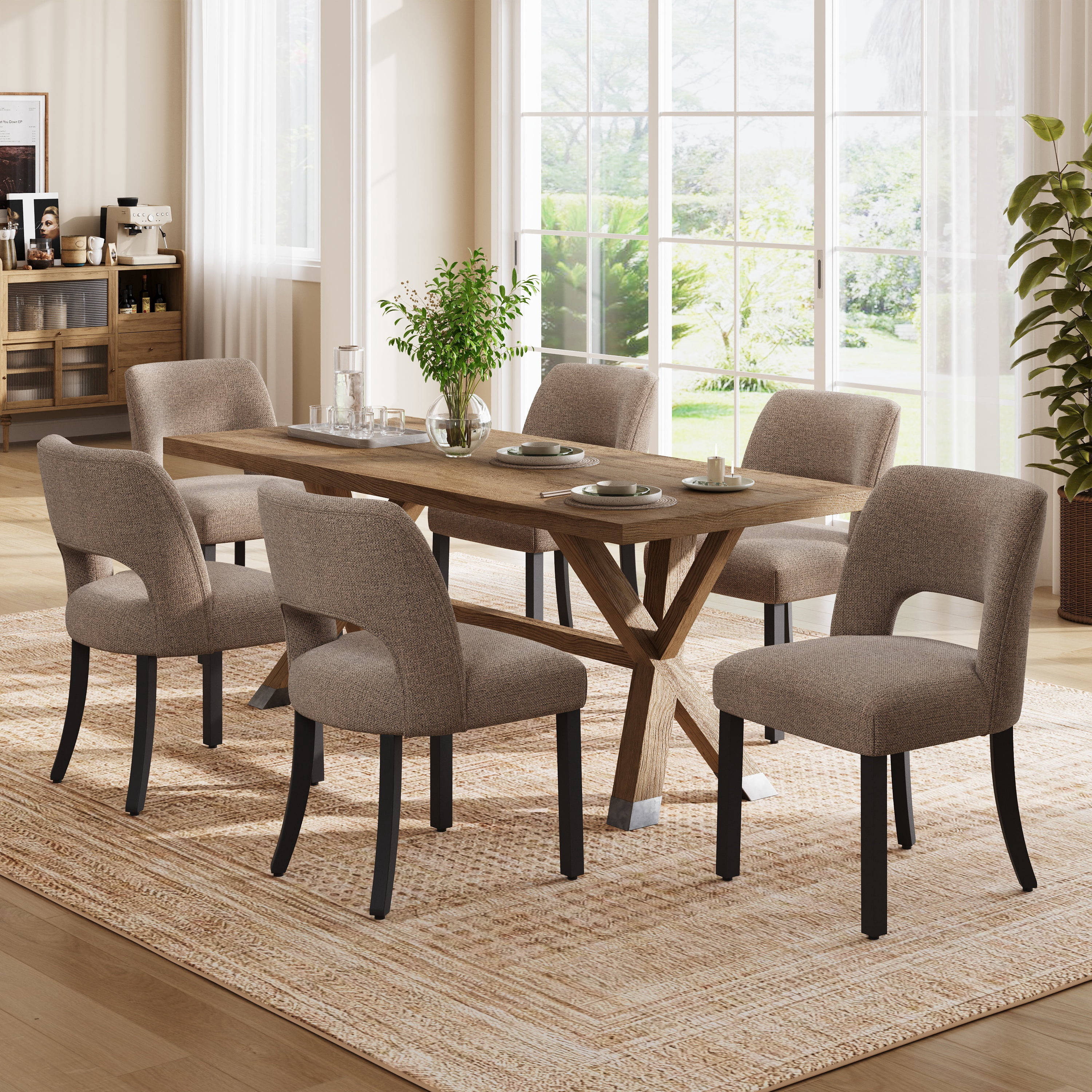 Vknow Furniture Wooden Dining Chairs Set of 4, Modern Fabric Upholstered Dining Room Chair Kitchen Chairs, Farmhouse Dinner Chair for Kitchen Dining Room, Brown