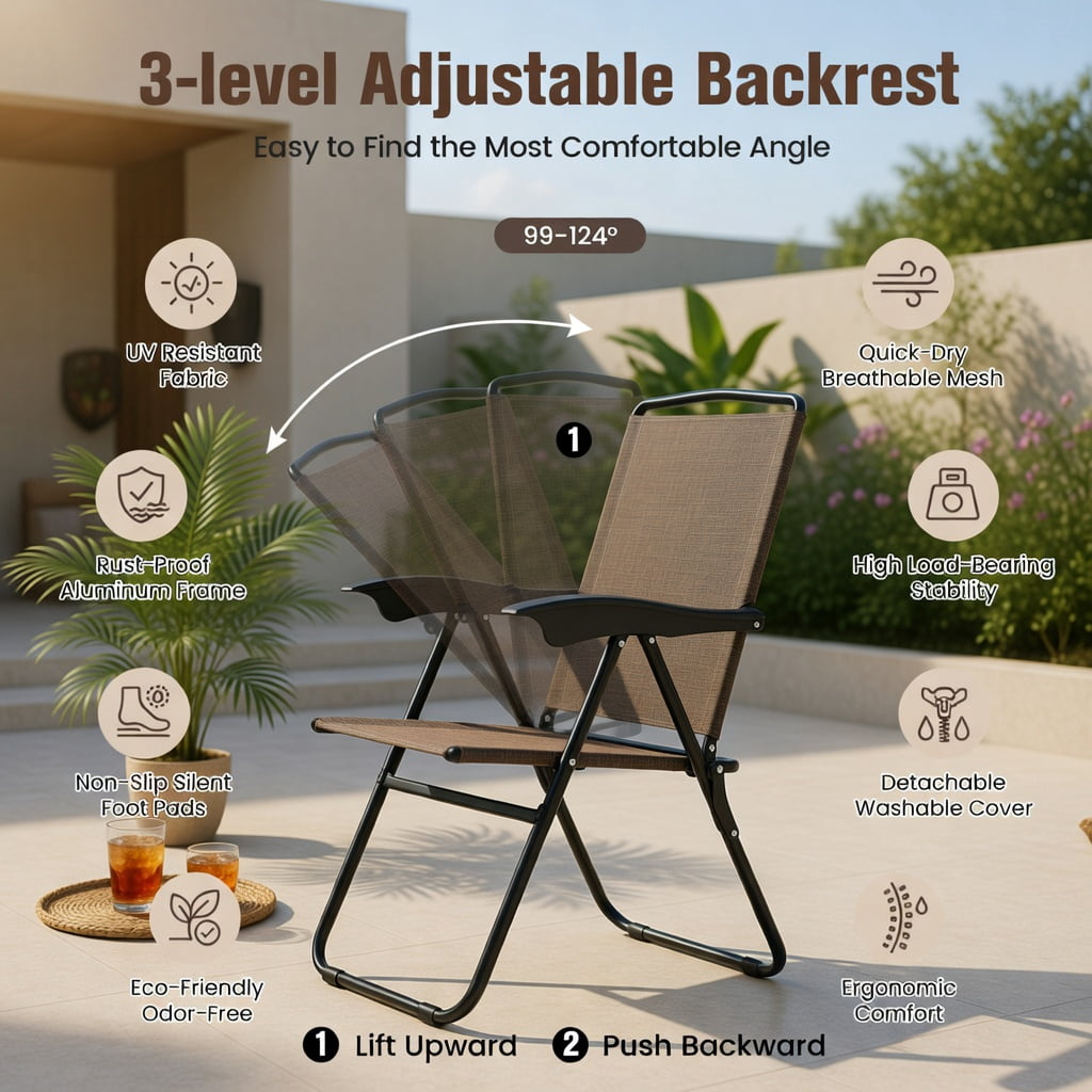 Hommoo 4-Pack Foldable Outdoor Dining Chairs with Adjustable Sling Back, Rust-Resistant Steel Frame, Breathable Fabric, for Patio, Poolside, Balcony & Indoor Use, Brown